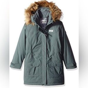 Helly Hansen Kids Puffer Jacket - Green with Brown Fur Trim